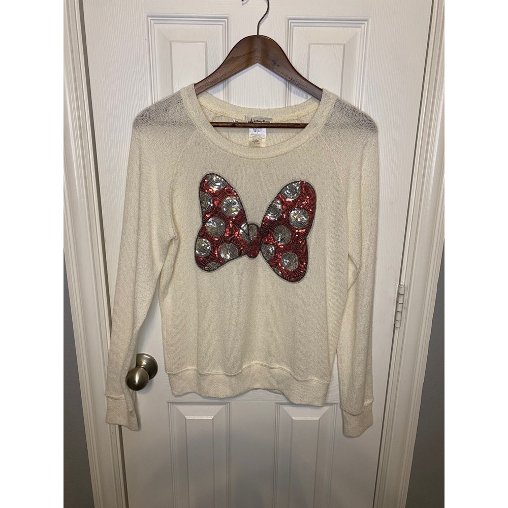 Disney Parks Womens Medium Cream‎ Minnie Mouse Sequin Bow Long Sleeve Sweater